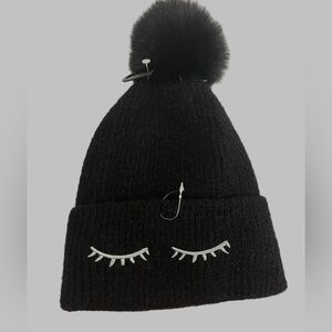 😍SHOW SPECIAL NWT Black Metallic Sparkle Fur Lined Pom Pom Winter Hat